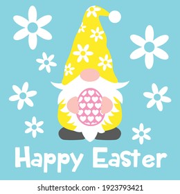 Happy Easter card, Easter gnome holding egg, Easter vector