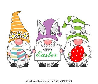 Happy easter card. Gnomes with easter eggs. Isolated vector