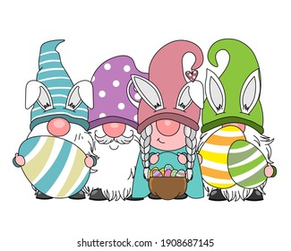 Happy easter card. Gnomes with easter eggs. Isolated vector