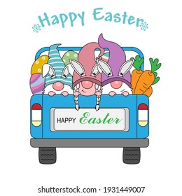 Happy easter card. Gnomes transporting easter eggs by car