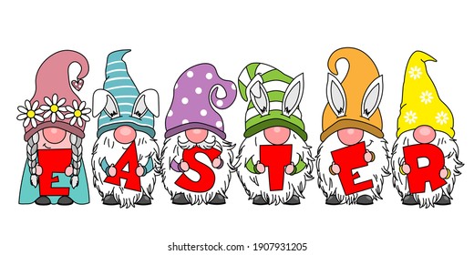 Happy easter card. Gnomes with the word easter. Isolated vector