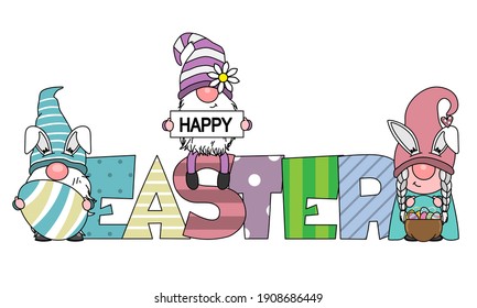 Happy easter card. Gnomes with the word easter. Isolated vector