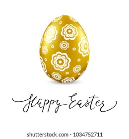 Happy Easter card with gold egg and calligraphy. Vector illustration.