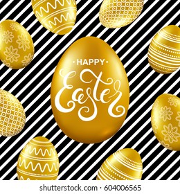 Happy easter card with gold eggs, and handwritten calligraphy lettering. Vector illustration.