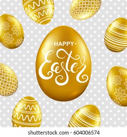 Happy easter card with gold eggs, and handwritten calligraphy lettering. Vector illustration.