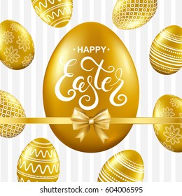 Happy easter card with gold eggs, bow and handwritten calligraphy lettering. Vector illustration.