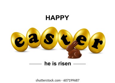 Happy easter card with gold eggs, chocolate rabbit and font.  Vector illustration.