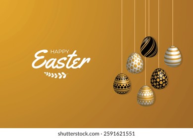 Happy Easter. Easter card with golden 3d eggs