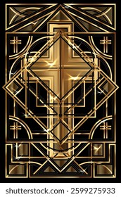 Happy Easter card, golden cross art deco style, vector illustration