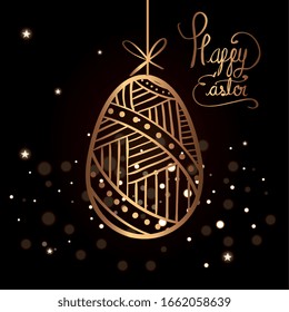 happy easter card with golden egg hanging vector illustration design