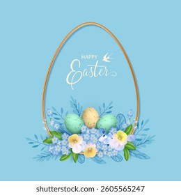 Happy Easter card. Golden egg frame with beautiful bouquet of spring flowers
