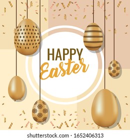happy easter card with golden eggs painted hanging vector illustration design