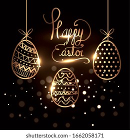 happy easter card with golden eggs hanging vector illustration design