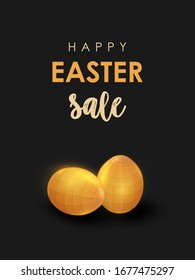 Happy easter card with golden eggs. Low poly style design. Wireframe light connection structure. Modern 3d graphic concept. Isolated vector illustration.