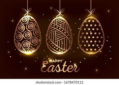 happy easter card golden with eggs decorated hanging vector illustration design
