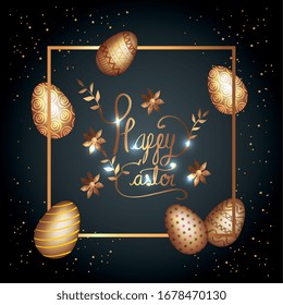 feliz tarjeta de Pascua dorada con huevos decorados ilustración vectorial diseño
