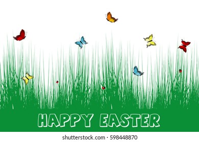 Happy Easter card with grass and butterflies