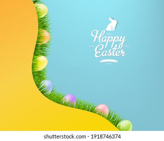 Happy Easter Card With Grass And Eggs With Gradient Mesh, Vector Illustration