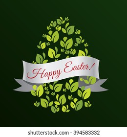 Happy Easter card with green spring leaves. Decorative ribbon with text. Vector greetibg card.