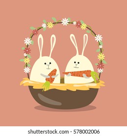 Happy Easter card. Greeting card Happy Easter , cute bunnys , flowers  and carrot  Vector illustration.