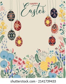 Happy Easter card. Greeting card with Easter eggs and wild flowers. Traditional Easter eggs in Ukraine. Hand drawn vector illustration.