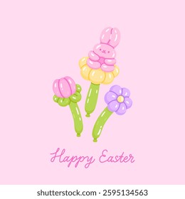 Happy Easter card. Greeting postcard design for spring holidays. Beautiful decorative composition of balloons flowers, tulip, daisy, cute bunny animal shaped. Twisted helium latex balloons