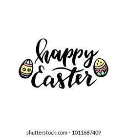 Happy Easter card with hand drawn lettering and eggs.Vector illustration.