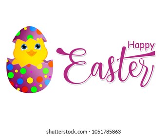Happy Easter card. Hand drawn calligraphic lettering. color text with cute yellow chicken on white background.  Vector illustration