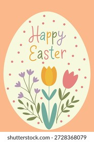 Happy Easter card with hand drawn lettering, floral illustration and decorative egg shape. Vector template for poster, banner.