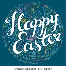 Happy Easter card with hand drawn celebration quote. Doodle style handwritten words with many spring attributes. Freehand lettering and flourish elements. Dark background. Vector illustration.