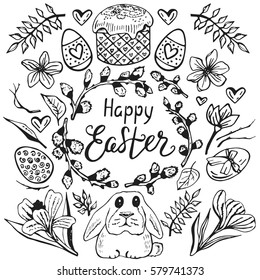 Happy Easter card. Hand drawn vector illustration with easter egg, cake, rabbit and flowers, herbs. Design easter elements in doodle style for prints and posters.