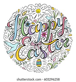 Happy Easter card with hand drawn celebration quote. Doodle style handwritten greeting with spring attributes in line art. Freehand lettering and decorative flourish elements. Vector illustration.