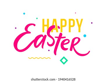 Happy Easter card hand written greeting card text template isolated on white background. Modern geometric background