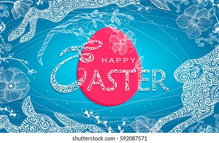 Happy Easter card with handdrawn floral spring ornament.Vintage template, flowers, eggs, rabbit.Romantic Patterns,easter design, announcement background, greeting card, poster, advertisement backdrop