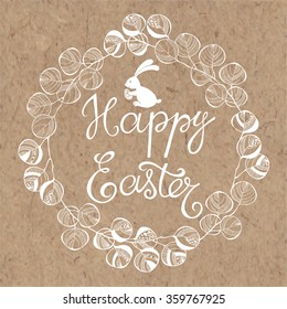 Happy easter card. Hand-drawn vector illustration on kraft background.