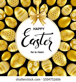 Happy easter card with handwritten calligraphy lettering, paper frame with bow and gold eggs pattern. Vector illustration.