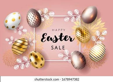 Carta feliz de Pascua con caligrafía escrita a mano con salpicaduras de pintura dorada, patrón de huevos de oro y de hojas rosas y adornos florales aislados en fondo rosa. Ilustración vectorial.