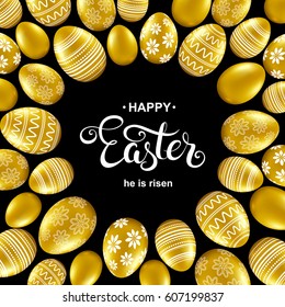 Happy easter card with handwritten calligraphy lettering, gold eggs pattern. Vector illustration.