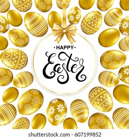 Happy easter card with handwritten calligraphy lettering, paper frame with bow and gold eggs pattern. Vector illustration.