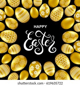 Happy easter card with handwritten calligraphy lettering, gold eggs pattern. Vector illustration.