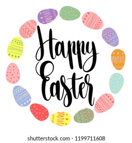 Happy Easter card with handwritten phrase, holiday poster. Vector illustration ,ad, promotion, poster, flyer, web-banner, article. Hand drawn.