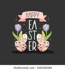 Happy Easter card with handwritten phrase. Easter elements. Calligraphy.