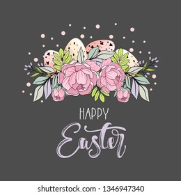 Happy Easter card with handwritten phrase. Easter elements. Calligraphy.