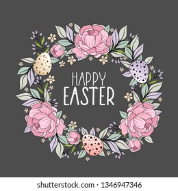 Happy Easter card with handwritten phrase. Easter elements. Calligraphy.