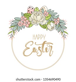 Happy Easter card with handwritten phrase. Easter elements. Calligraphy.
