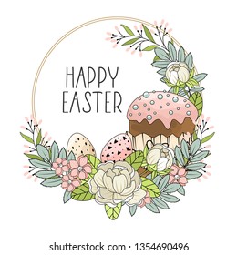 Happy Easter card with handwritten phrase. Easter elements. Calligraphy.
