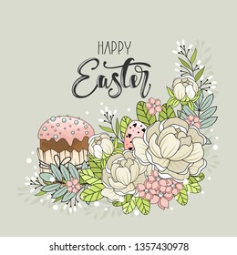 Happy Easter card with handwritten phrase. Easter elements. Calligraphy.

