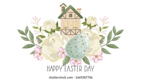 Happy Easter card with handwritten phrase. Easter elements, flowers, branches, eggs. For textiles, postcards and Wallpaper. Printing on fabric, paper, cards, invitations.