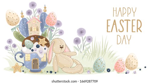 Frohe Osterkarte mit handgeschriebenem Satz. Osterelemente, Blumen, Äste, Eier. Für Textilien, Postkarten und Tapeten. Druck auf Stoff, Papier, Karten, Einladungen.