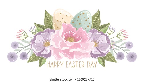 Frohe Osterkarte mit handgeschriebenem Satz. Osterelemente, Blumen, Äste, Eier. Für Textilien, Postkarten und Tapeten. Druck auf Stoff, Papier, Karten, Einladungen.